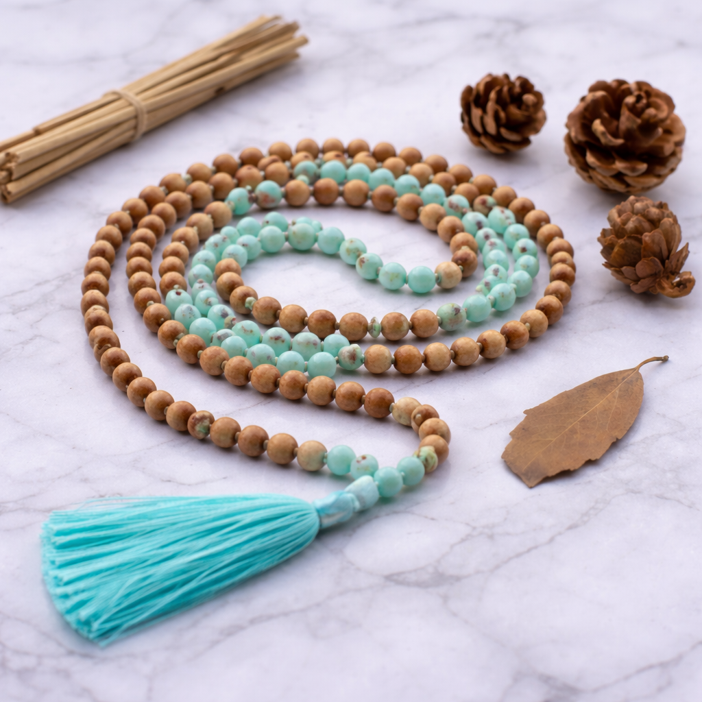 Amazonite and Sandalwood Mala Necklace