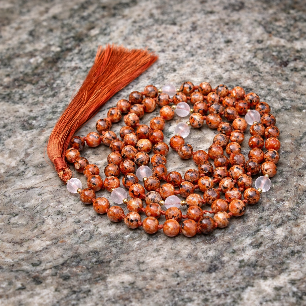 a Fire Agate and Rose Quartz Mala necklace