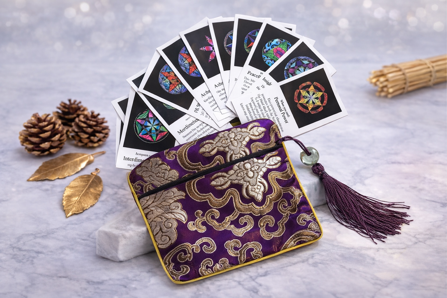 Purple tarot card pouch with tassel and tarot cards on a textured surface