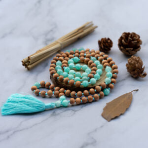 Amazonite and Sandalwood Mala Necklace