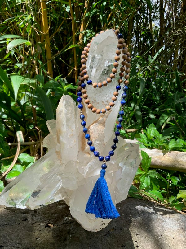 Blue "Sky" Lapis Lazuli and Sandalwood Mala Necklace