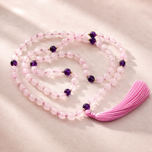 Necklace with pink beads and purple accents on a light background