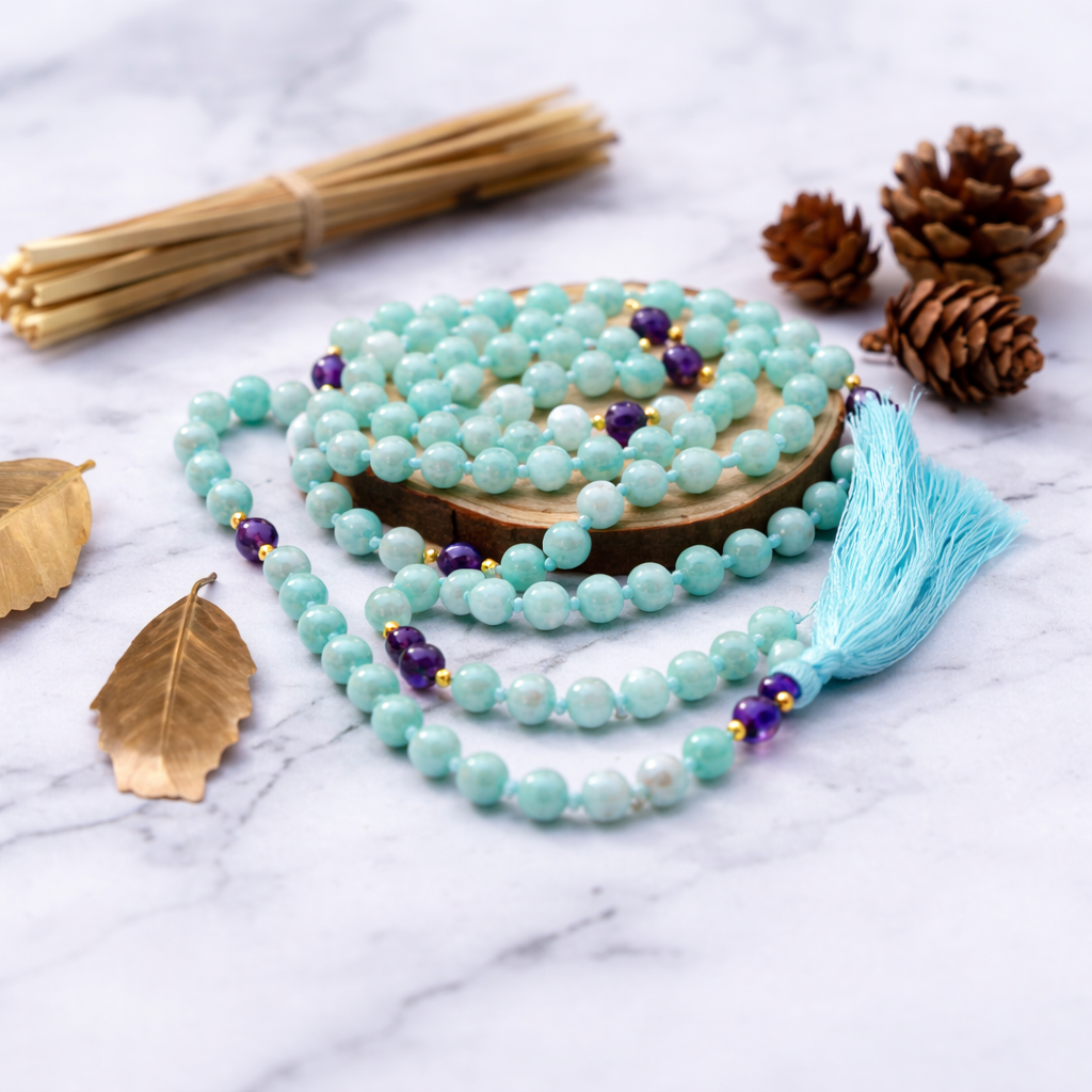 Turquoise amethyst and amazon beaded necklace with purple accents on a wooden stand, surrounded by decorative elements on a marble surface.