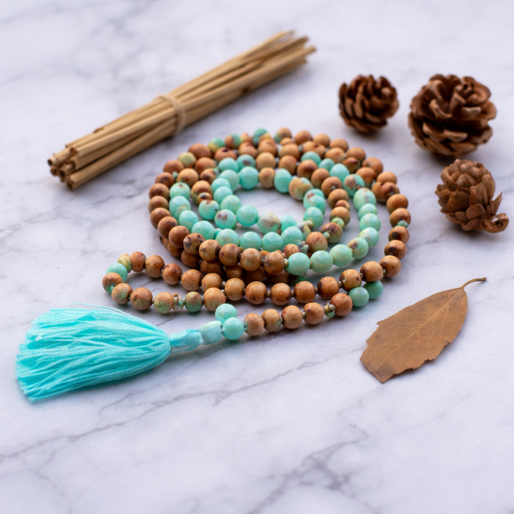 Amazonite and Sandalwood Mala Necklace
