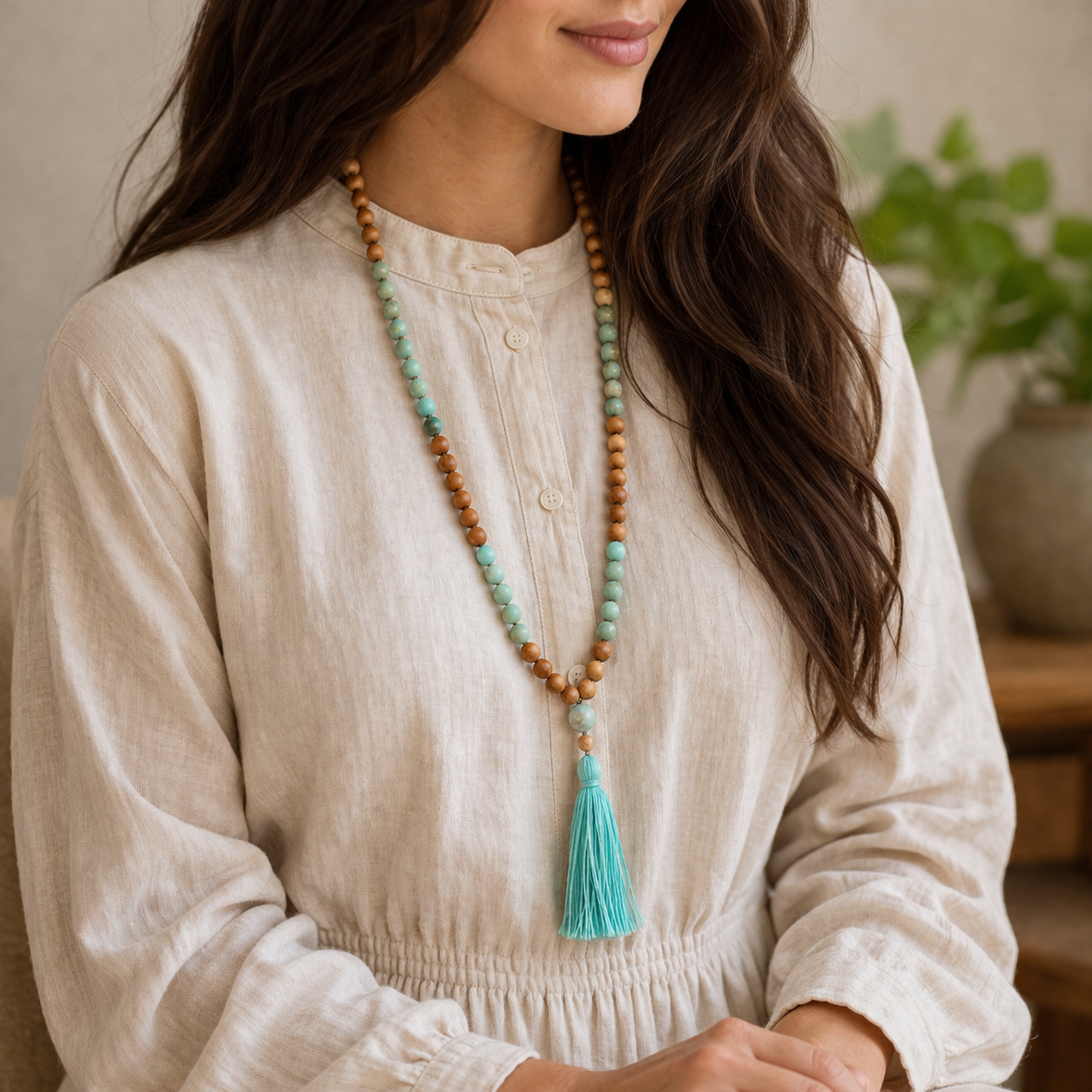 Amazonite and Sandalwood Mala Necklace