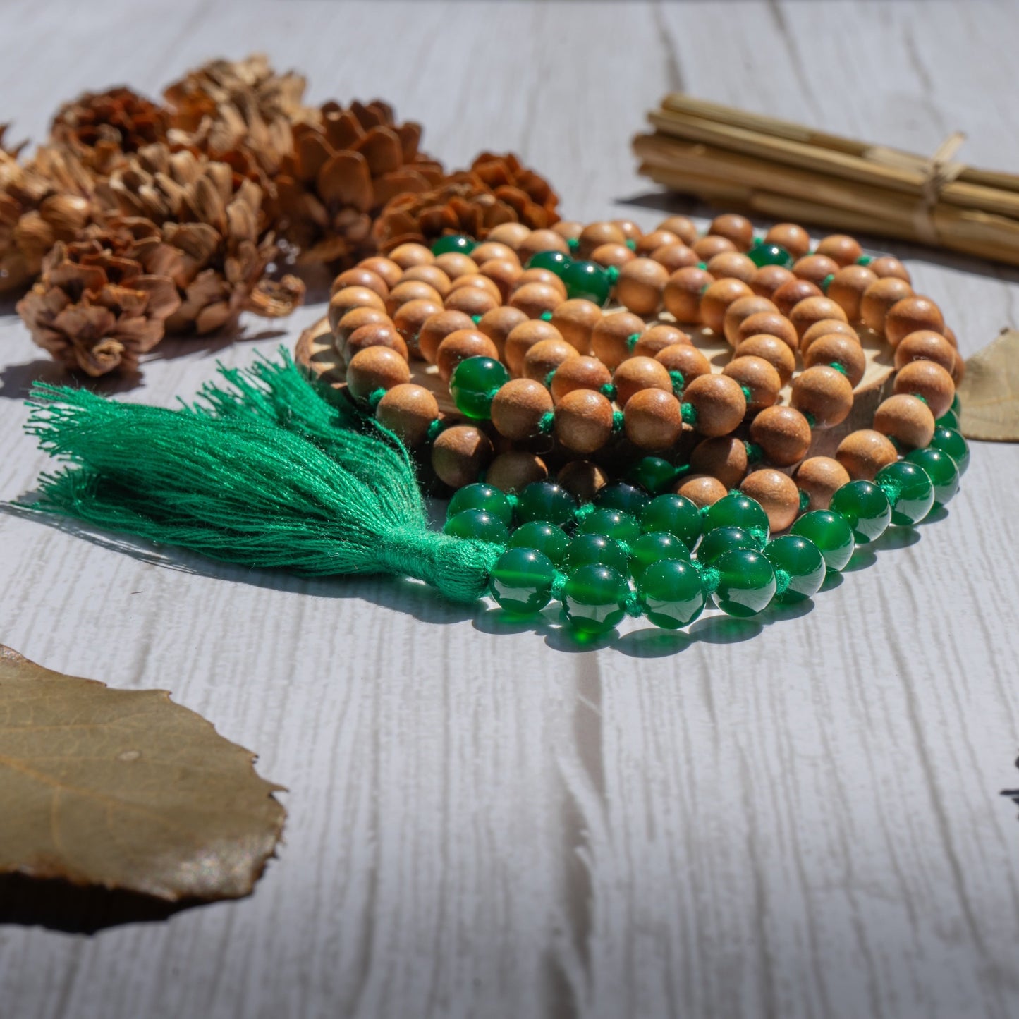 Green Onyx and Sandalwood Mala Necklace