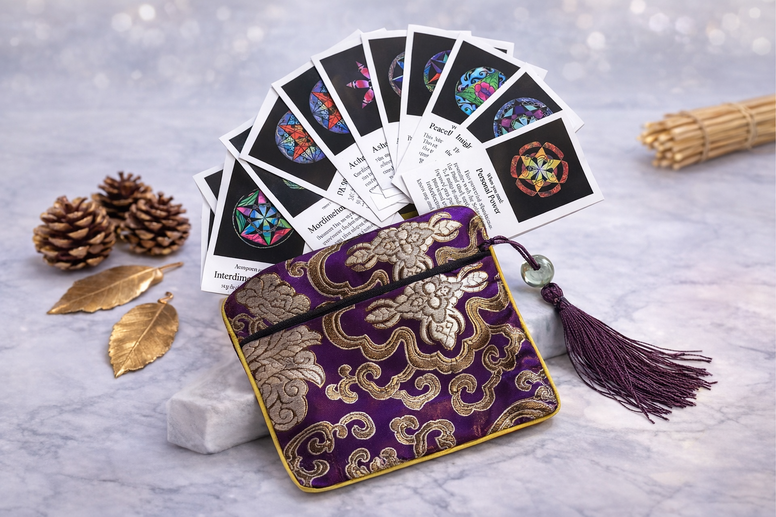 Purple tarot card pouch with tassel and tarot cards on a textured surface