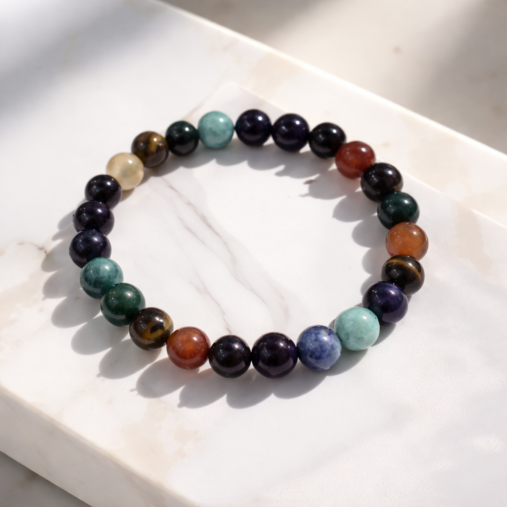 Multicolored beaded bracelet on a white surface