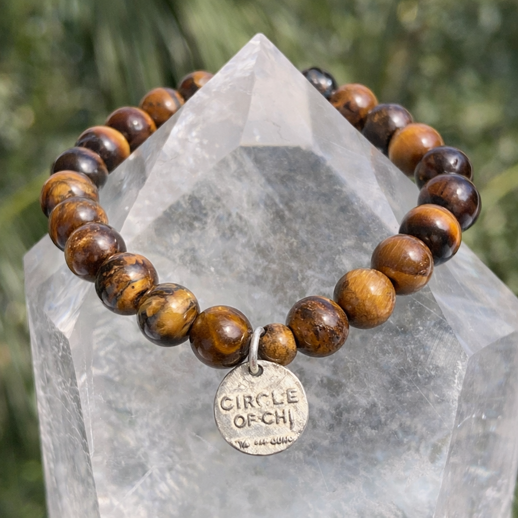Brown beaded bracelet with a silver 'Circle of Chi' charm on a crystal prism with a blurred green background