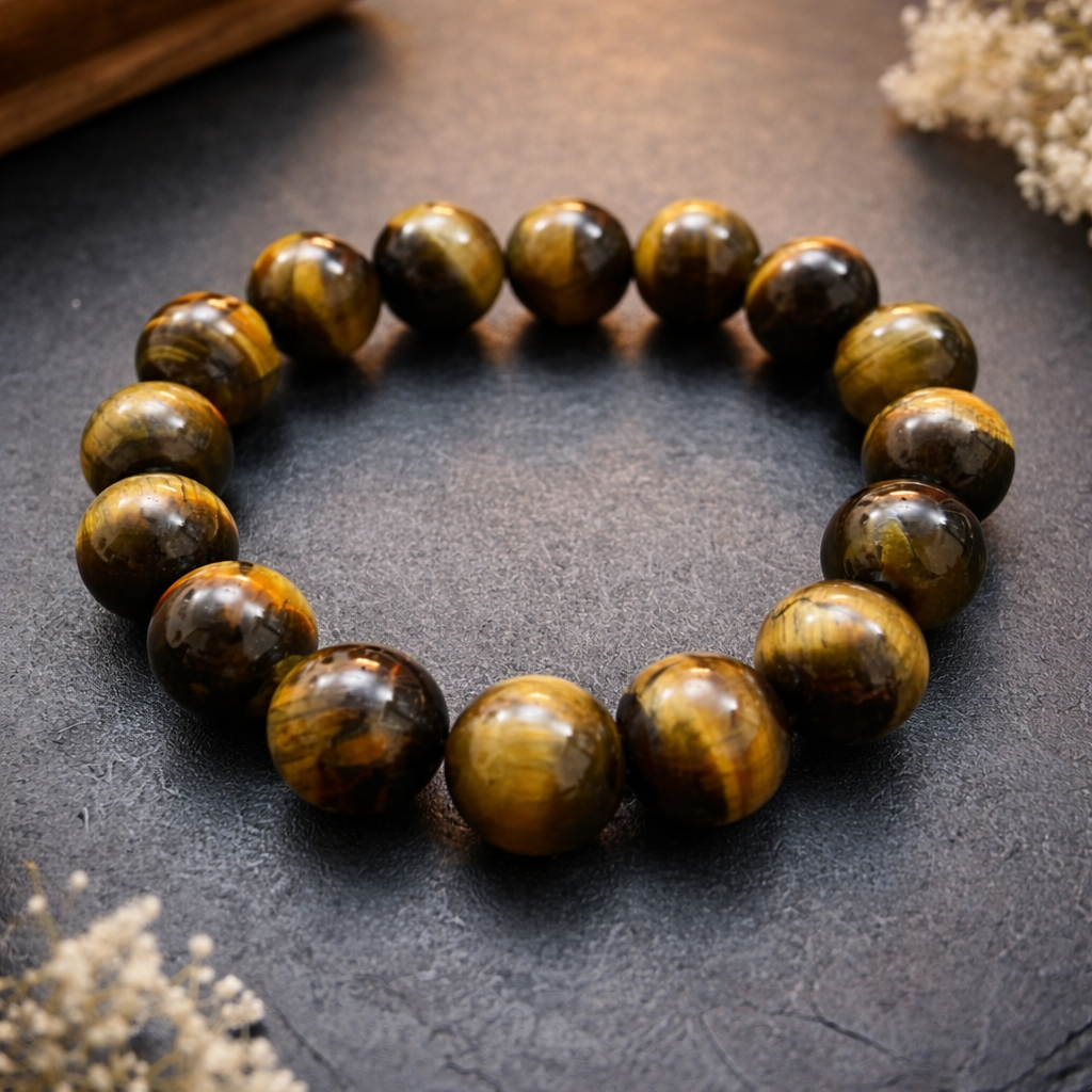 Beaded bracelet with tiger eye stones on a dark surface