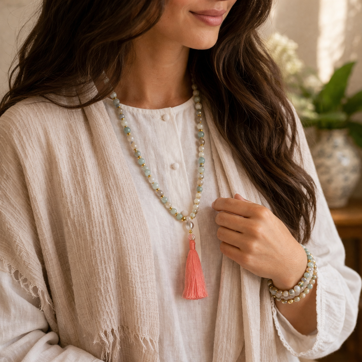 Amazonite and Pearl Mala